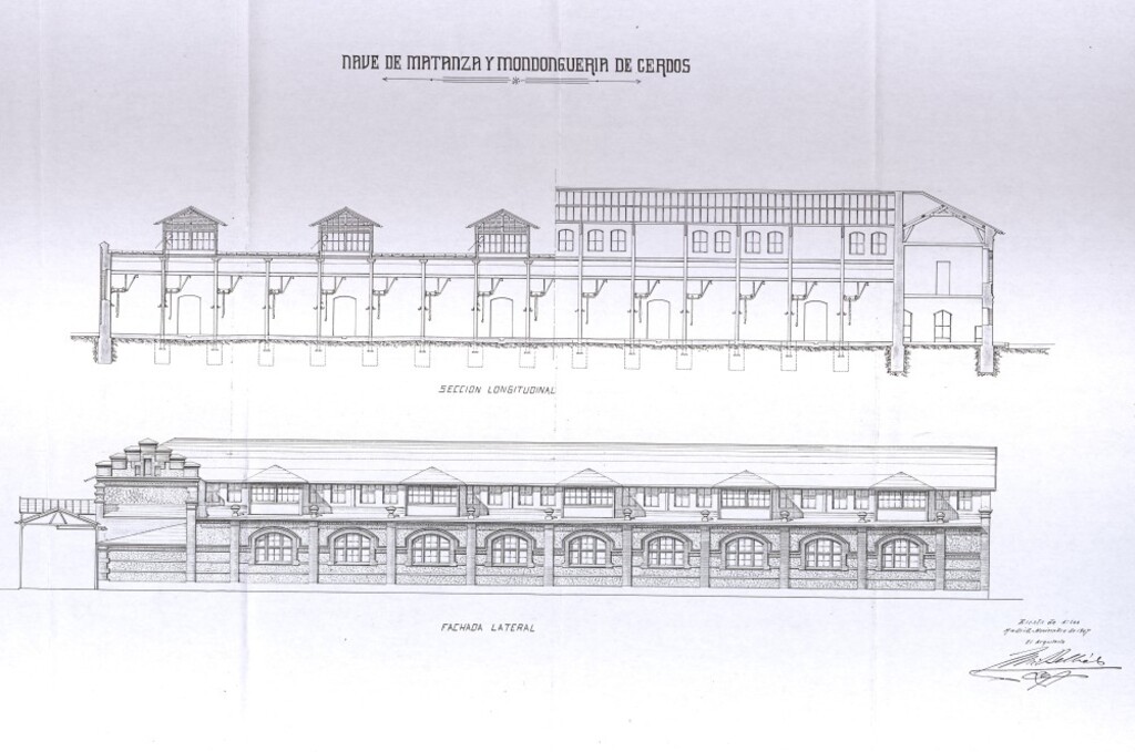 Miniatura de Fachada lateral y sección longitudinal de la nave de matanza y mondonguería de cerdos del Matadero de Madrid