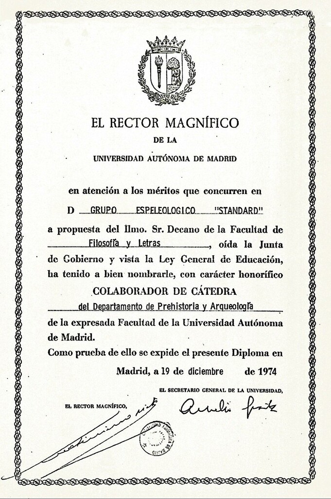 Miniatura de Diploma concedido al Grupo Espeleológico Standard por la Universidad Autónoma de Madrid