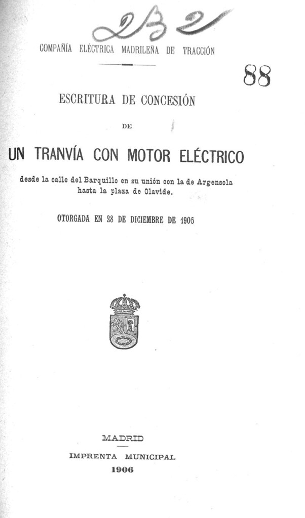 Miniatura de Escritura de concesión de un tranvía eléctrico desde la calle del Barquillo en su unión con la de Argensola hasta la plaza de Olavide otorgada el 28 de diciembre de 1905