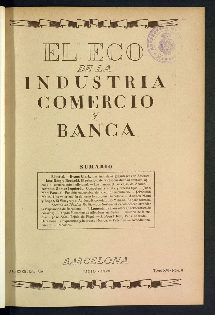 Miniatura de El Eco de la Industria, Comercio y Banca de junio de 1929