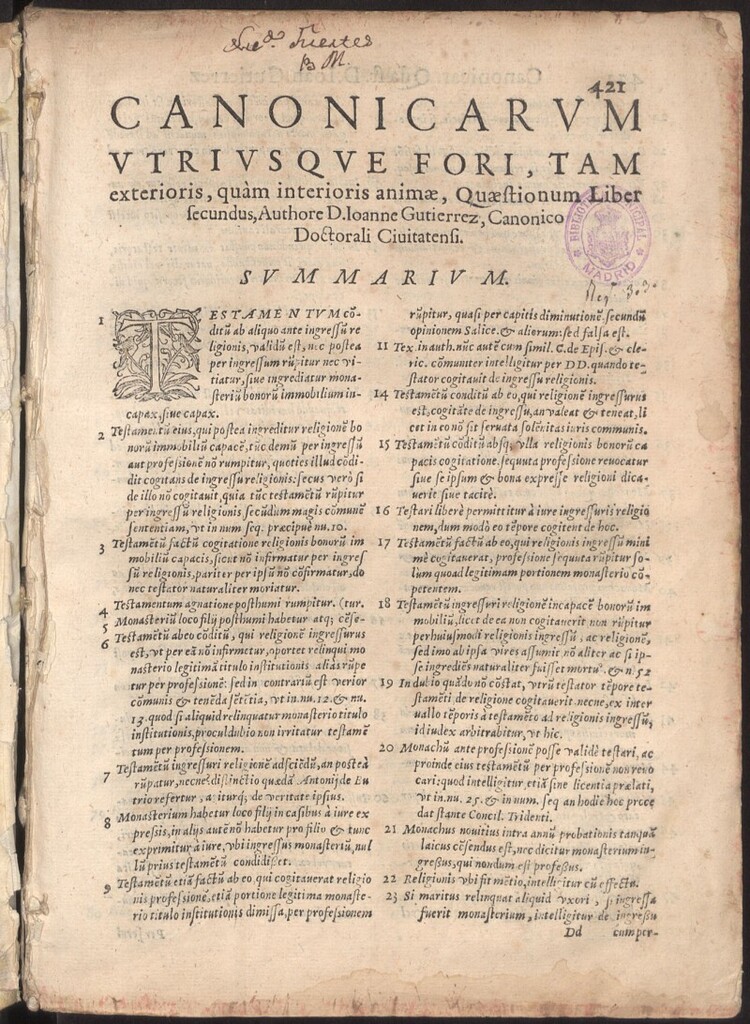 Miniatura de Canonicarum vtriusque fori, tam exterioris quam interioris animæ, quæstionum : liber secundus