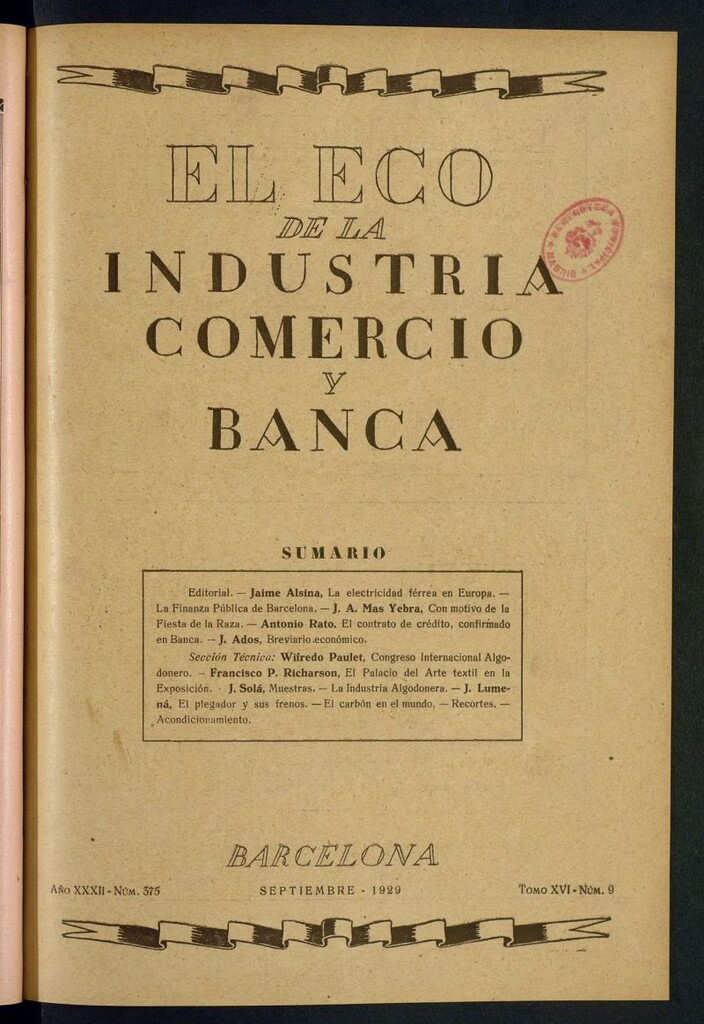Miniatura de El Eco de la Industria, Comercio y Banc de septiembre de 1929
