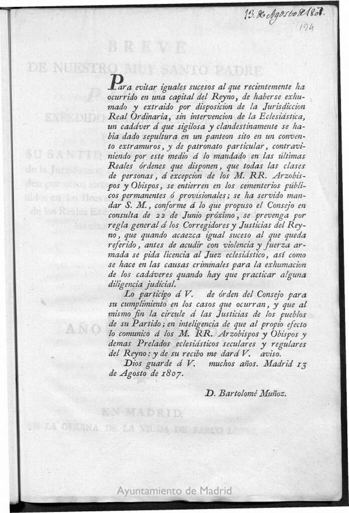 Miniatura de Para evitar iguales sucesos al que recientemente ha ocurrido en una capital del Reyno, de haberse exhumado y extraido por disposicion de la Jurisdiccion Real Ordinaria, sin intervencion de la Eclesiástica, un cadáver á que sigilosa y clandestinamente se habia dado sepultura ... contraviniendo por este medio á lo mandado en las últimas Reales órdenes que disponen, que todas las clases de personas ... se entierren en los cementerios públicos permanentes ó provisionales...