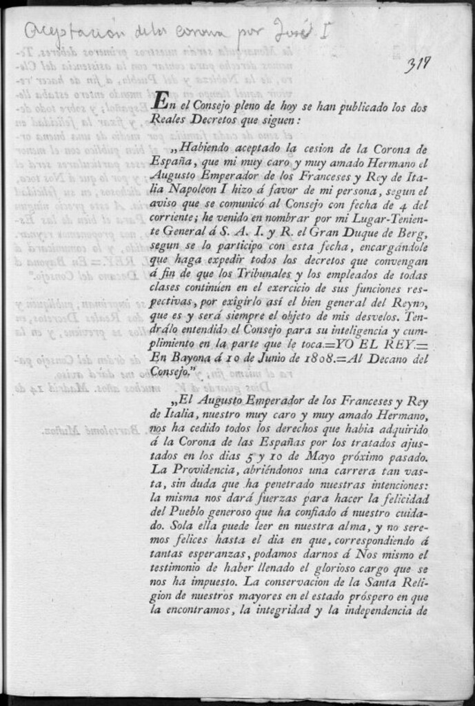 Miniatura de En el Consejo pleno de hoy se han publicado los dos Reales Decretos que siguen: Habiendo aceptado la cesion de la Corona de España, que ...