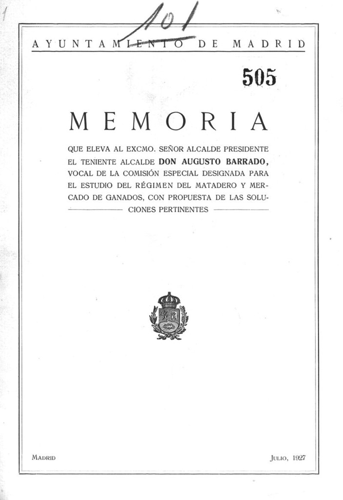 Miniatura de Memoria que eleva al excmo señor alcalde presidente el teniente alcalde don Augusto Barrado,...para el estudio del régimen del matadero y mercado de ganados, con propuesta de las soluciones pertinentes