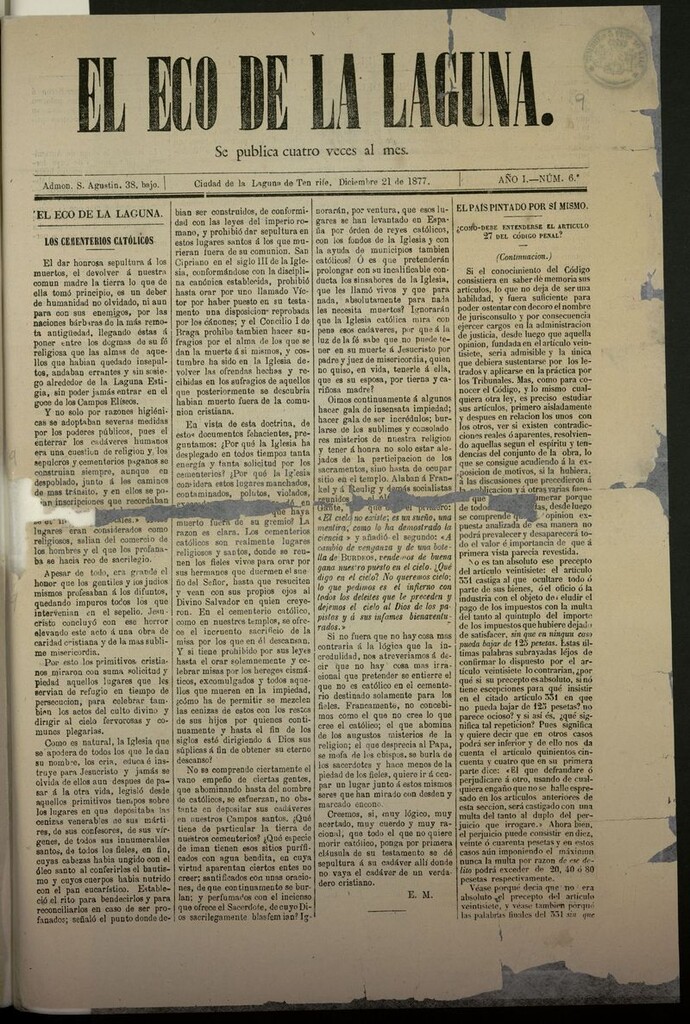 Miniatura de El Eco de la Laguna (1877) del 21 de diciembre de 1877