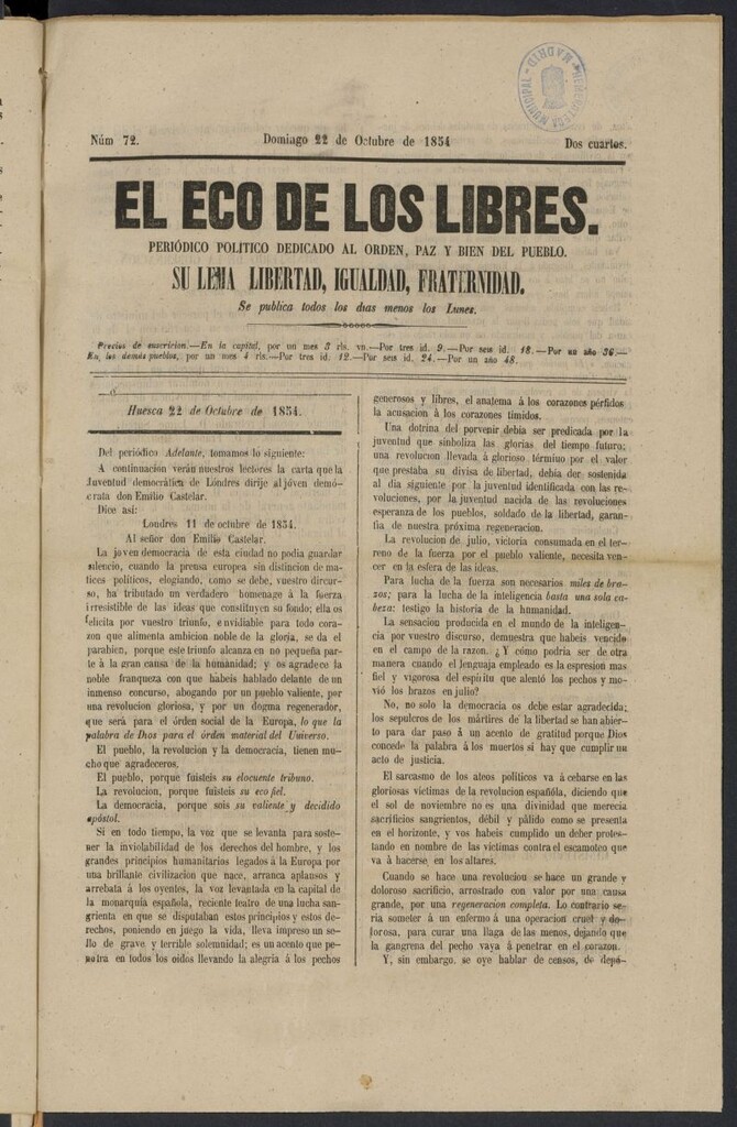 Miniatura de El Eco de los libres del 22 de octubre de 1854
