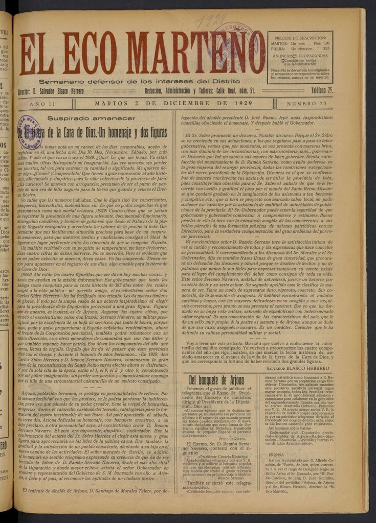 Miniatura de El Eco Marteño del 2 de diciembre de 1929