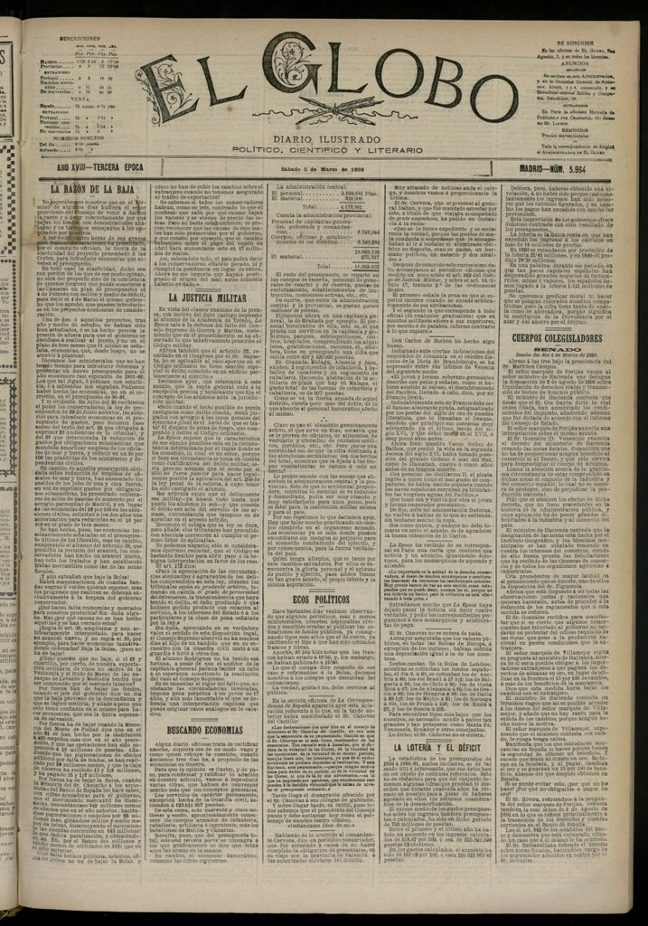 Miniatura de El Globo : diario ilustrado del 5 de marzo de 1892, nº 5964