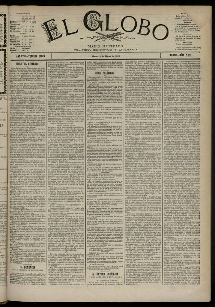 Miniatura de El Globo : diario ilustrado del 8 de marzo de 1892, nº 5967