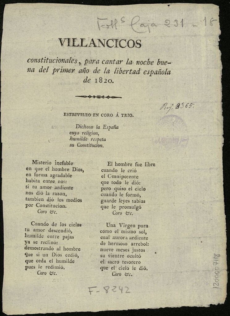 Miniatura de Villancicos constitucionales, para cantar la noche buena del primer año de la libertad española de 1820