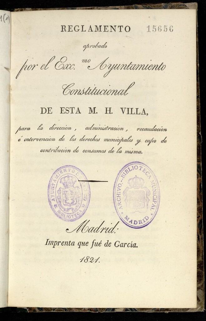 Miniatura de Reglamento aprobado por el Excmo. Ayuntamiento 1821