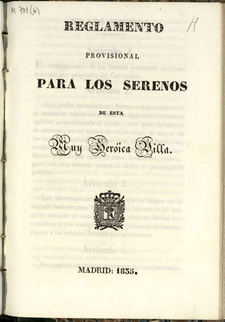 Miniatura de Reglamento provisional para los serenos de esta Muy Heróica Villa