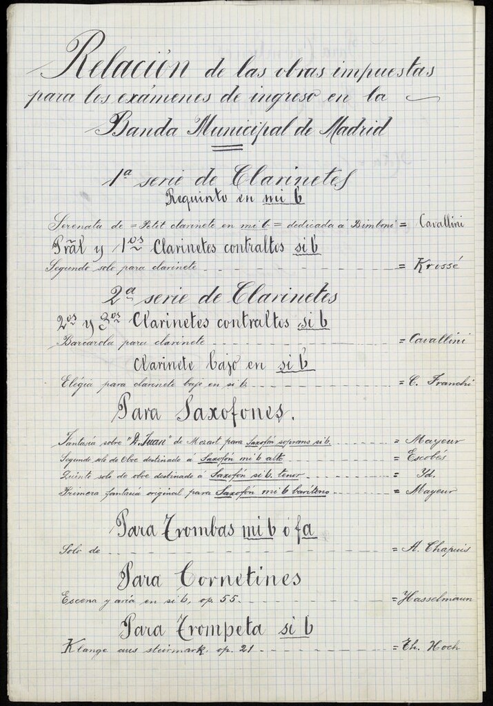Miniatura de Relación de las obras impuestas para los exámenes de ingreso en la Banda Municipal de Madrid (febrero de 1909)