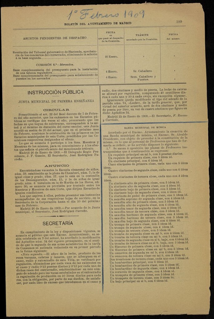 Miniatura de Convocatoria de oposiciones a la Banda Municipal de Música (1909)