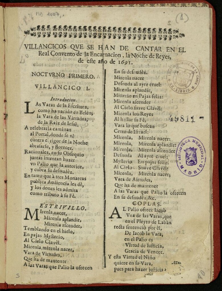 Miniatura de Villancicos que se han de cantar en el Real convento de la Encarnación de la noche de reyes, 1691