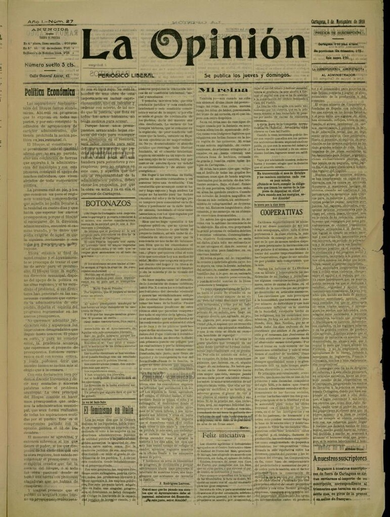 Miniatura de La Opinión: periódico liberal (Cartagena)