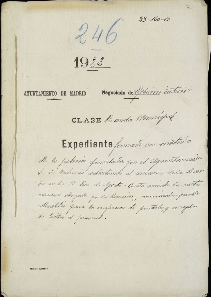 Miniatura de Expediente formado con motivo de la petición formulada por el Ayuntamiento de Valencia solicitando el concurso de la banda en los primeros días de agosto [1923]