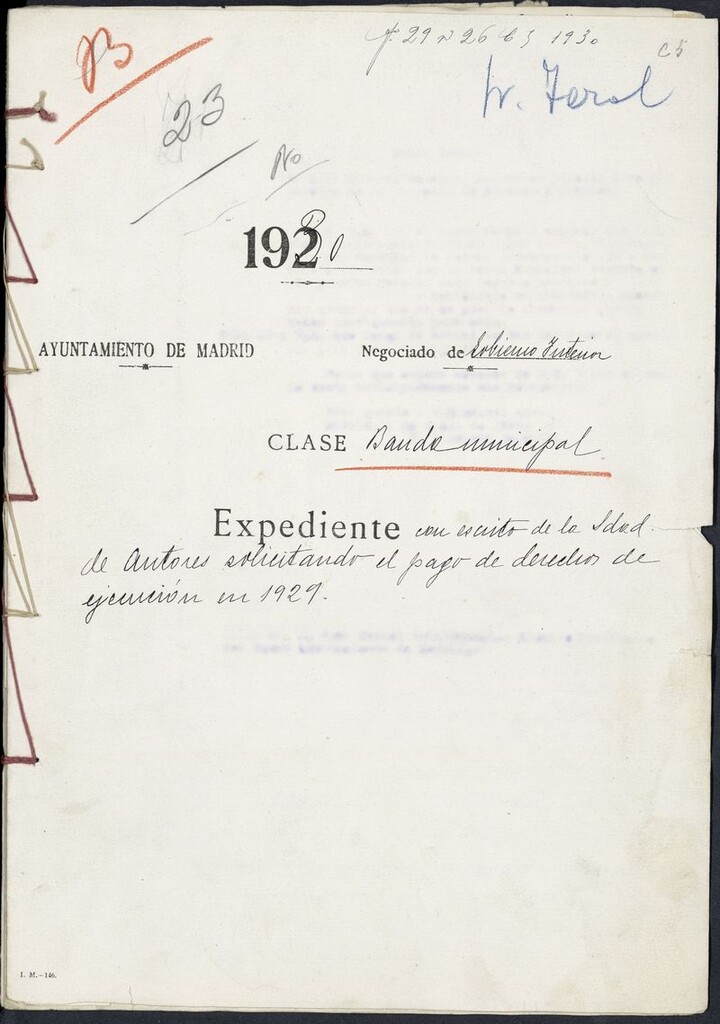 Miniatura de Expediente con escrito de la Sociedad de Autores solicitando el pago de derechos de ejecución en 1929