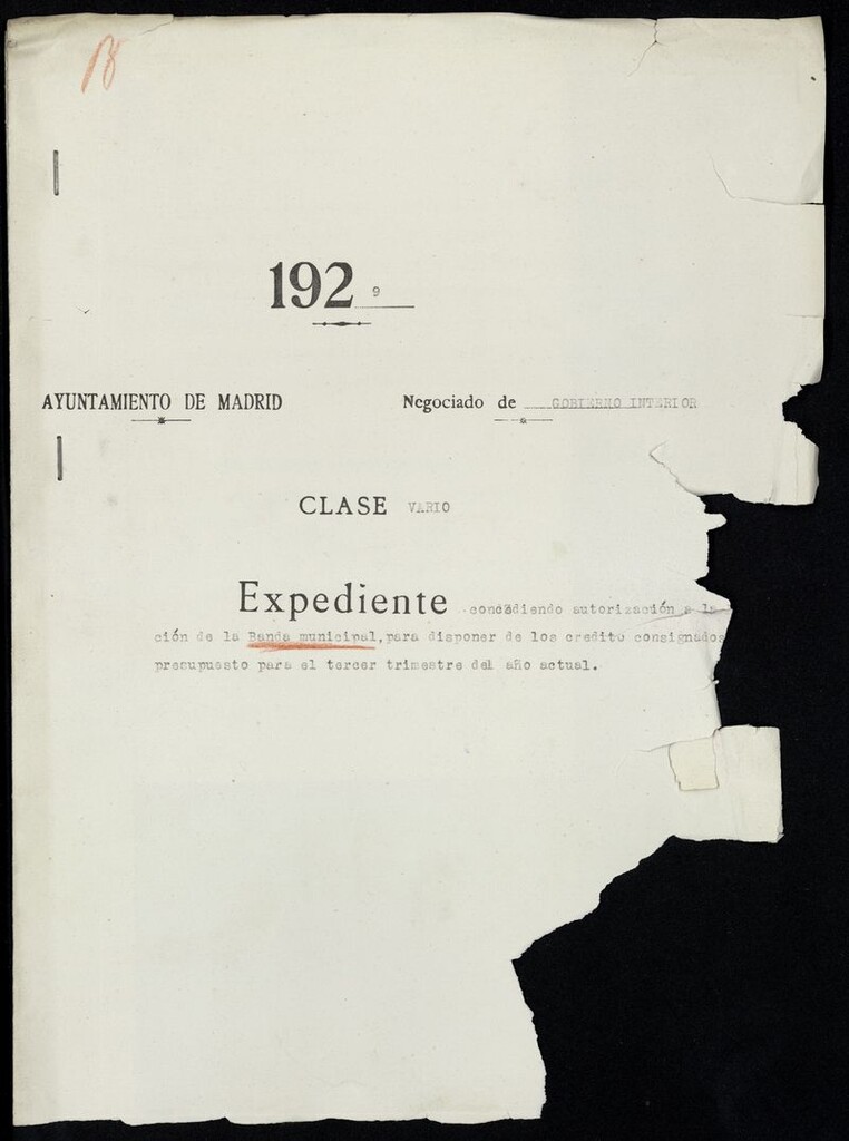 Miniatura de Expediente concediendo autorización a la dirección de la Banda Municipal para disponer de los créditos consignados en el presupuesto para el tercer trimestre del año actual (1929)