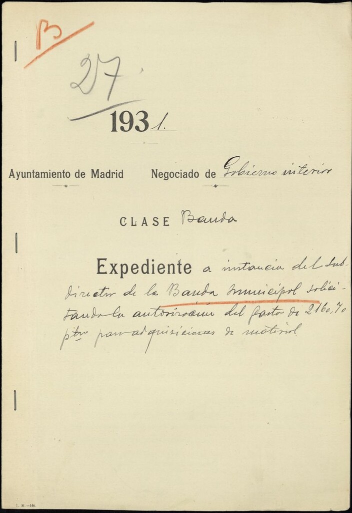 Miniatura de Expediente a instancia del subdirector de la Banda Municipal solicitando la autorización de gasto de 2.160,70 pesetas para adquisiciones de material (1931)