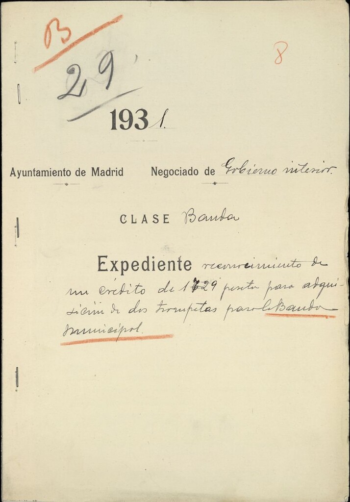 Miniatura de Expediente reconocimiento de un crédito de 1.729 pesetas para adquisición de dos trompetas para la Banda Municipal (1931)