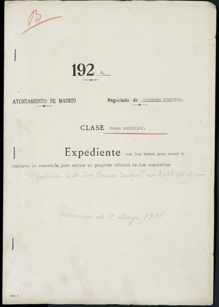 Miniatura de Expediente con las bases para sacar a concurso la concesión para editar el programa oficial de los conciertos de la Banda Municipal (1928-1931)