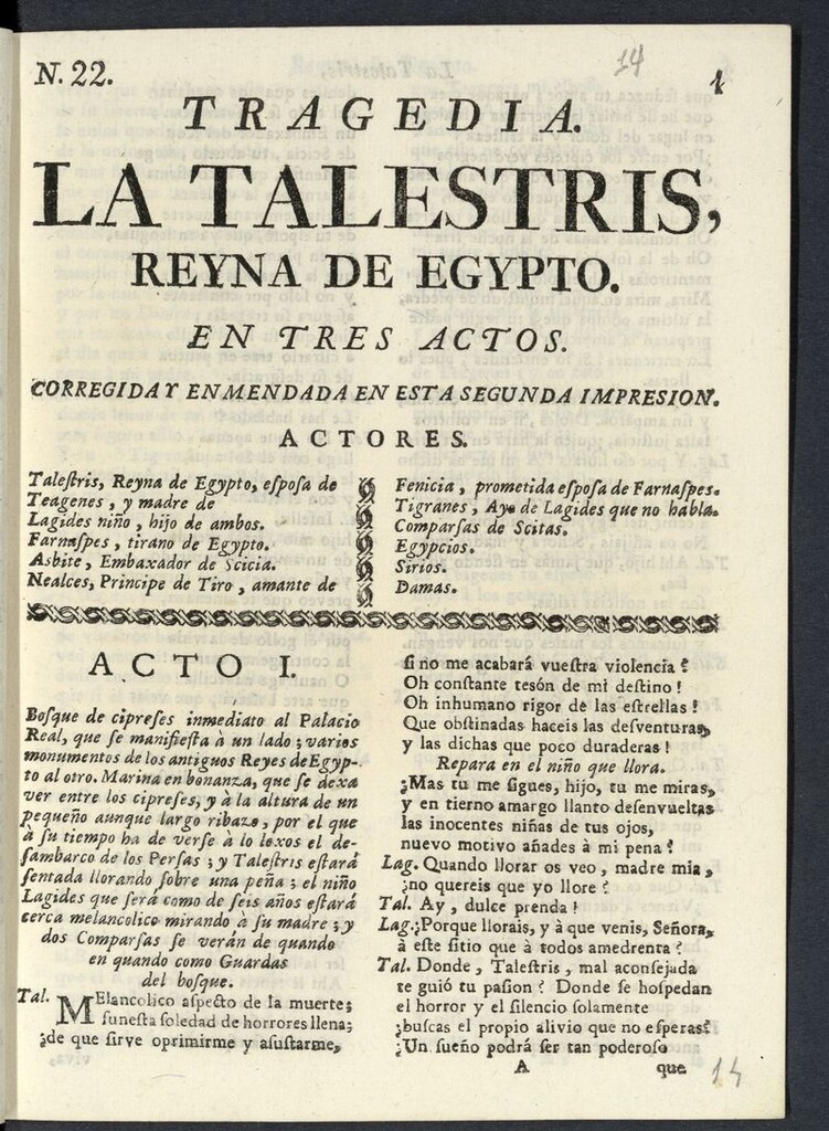 Miniatura de Tragedia. Talestris, reyna de Egipto