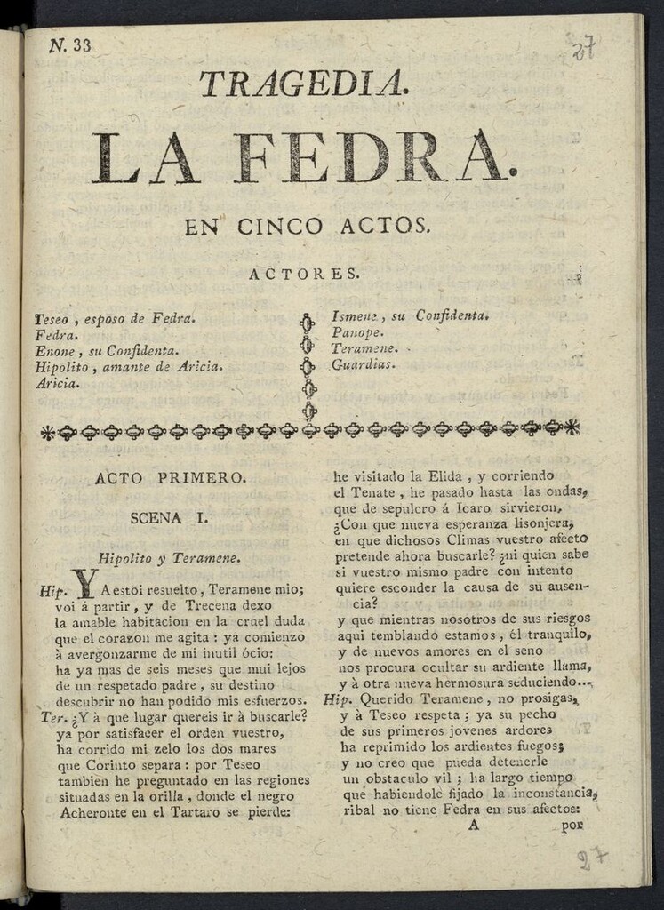 Miniatura de Phèdre. Español
