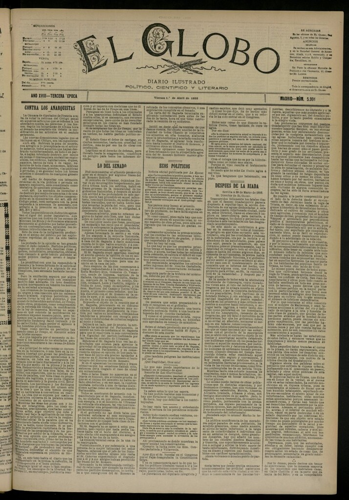Miniatura de El Globo : diario ilustrado del 1 de abril de 1892, nº 5991