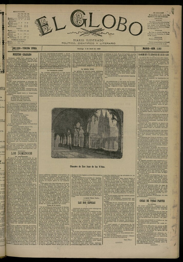 Miniatura de El Globo : diario ilustrado del 3 de abril de 1892, nº 5993