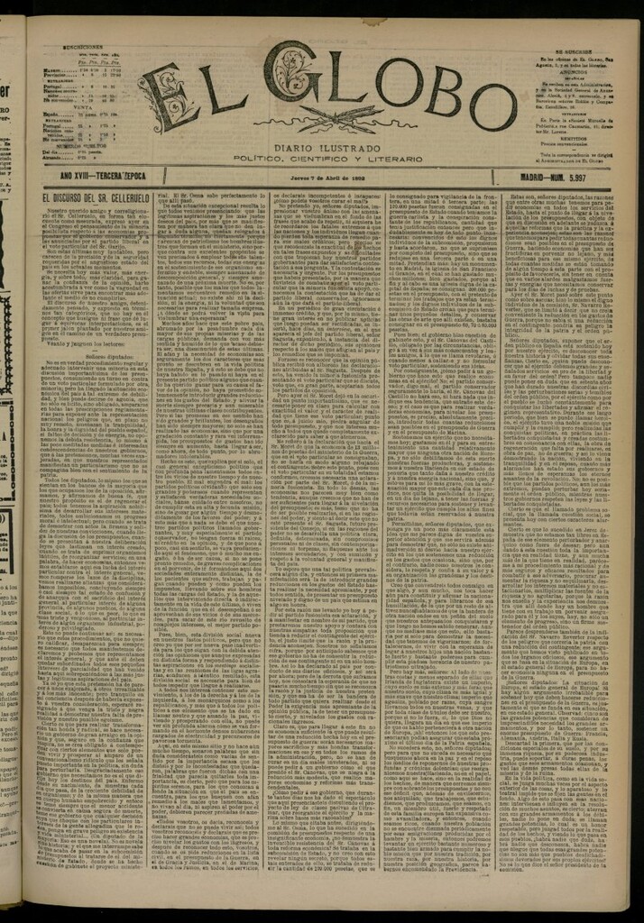 Miniatura de El Globo : diario ilustrado del 7 de abril de 1892, nº 5997