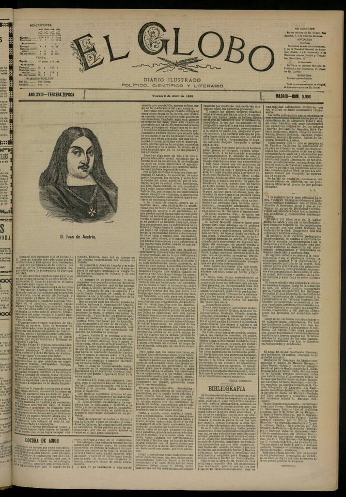 Miniatura de El Globo : diario ilustrado del 8 de abril de 1892, nº 5998