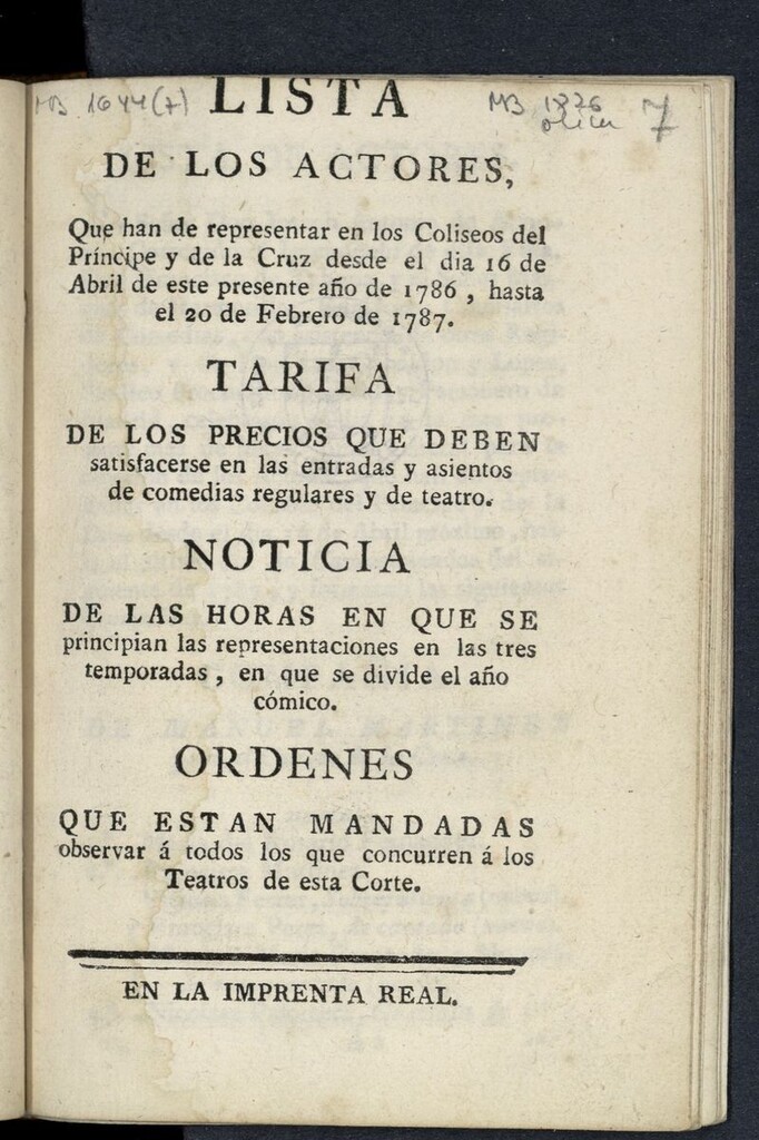 Miniatura de Lista de los actores Que han de representar en los Coliseos del Príncipe y de la Cruz desde el dia 16 de abril de este presente año de 1786, hasta el 20 de febrero de 1787 ... tarifa de los precios ... noticia de las horas ...
