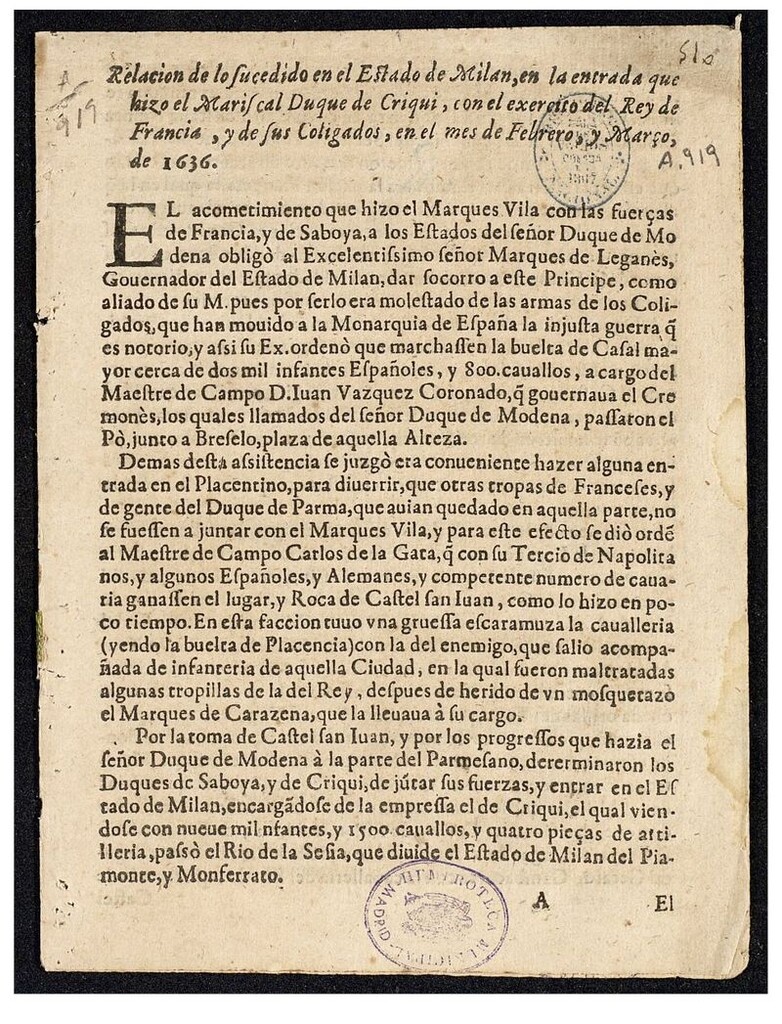 Miniatura de Relacion de lo sucedido en el Estado de Milan, en la entrada que hizo el Mariscal Duque de Criqui, con el exercito del Rey de Francia, y el de sus Coligados, en el mes de Febrero, y Março, de 1636