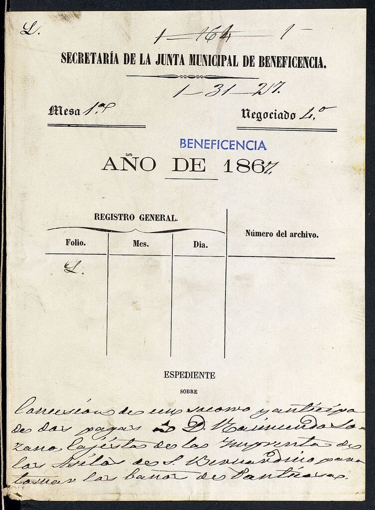 Miniatura de Concesión de un salario y anticipo de dos pagas a D Raimundo Lozano, cajista de la Imprenta de los Asilos de S. Bernardino para tomar los baños de Panticosa.