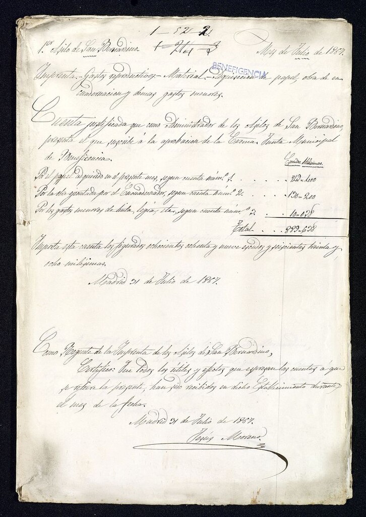 Miniatura de Cuentas de la Imprenta de los asilos de S. Bernardino. Gastos reproductivos, material, adquisición de papel, obra de encuadernación y demás gastos menores.