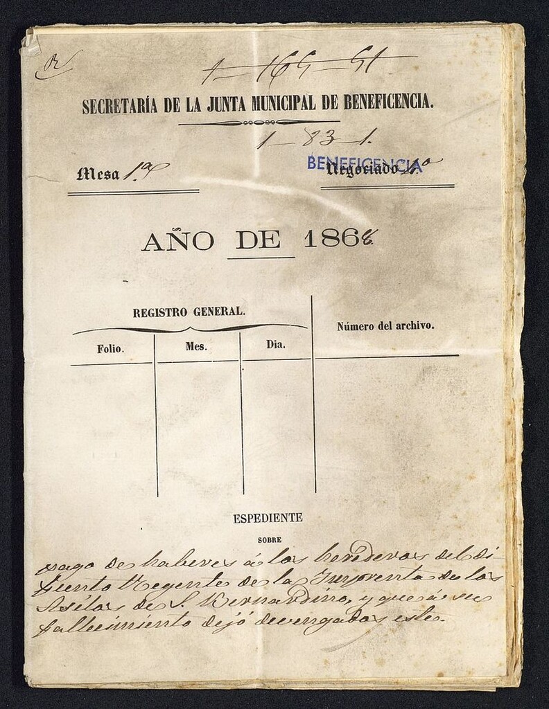 Miniatura de Pago de haberes a los herederos del difunto regente de la Imprenta de los asilos de San Bernardino (Don Jesus Moreno y Bautista) y que tras su fallecimiento dejó devengados.
