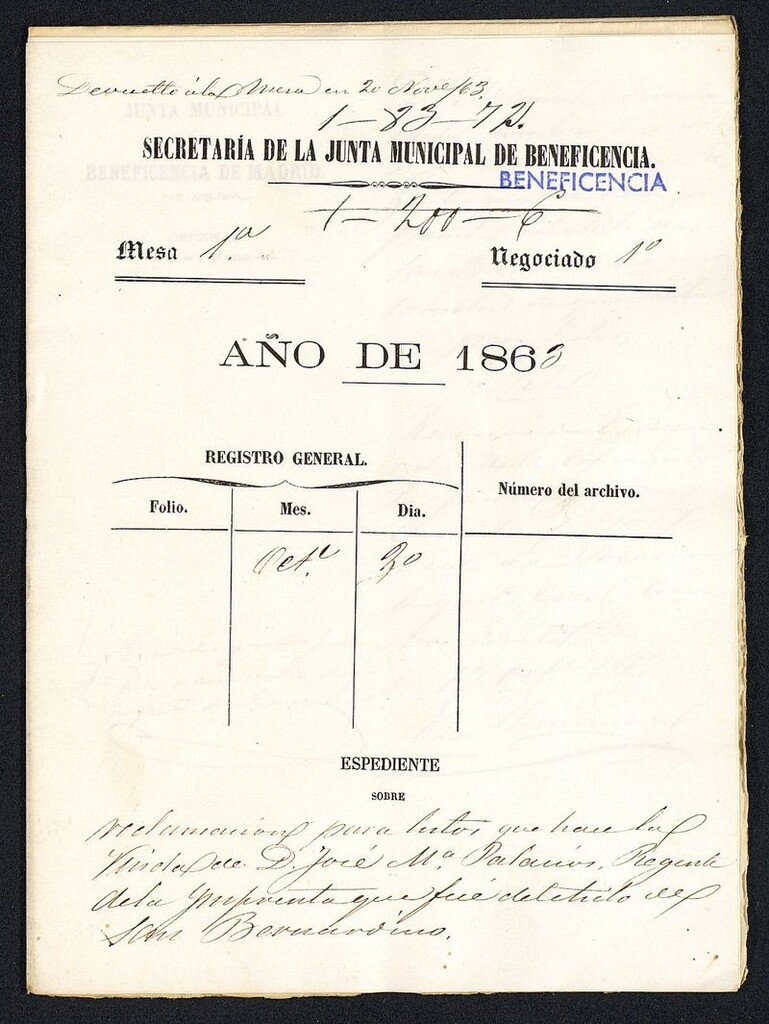 Miniatura de Reclamación para lutos que hace la viuda de D. Jose Mª Palacios, Regente de la Imprenta de San Bernardino.