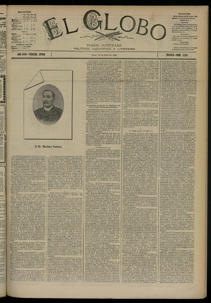 Miniatura de El Globo : diario ilustrado del 18 de abril de 1892, nº 6008