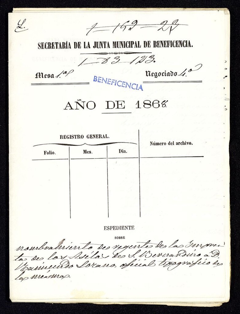 Miniatura de Expediente sobre nombramiento de regente de la Imprenta de los asilos de San Bernardino a D. Raimundo Lozano oficial tipográfico de la misma