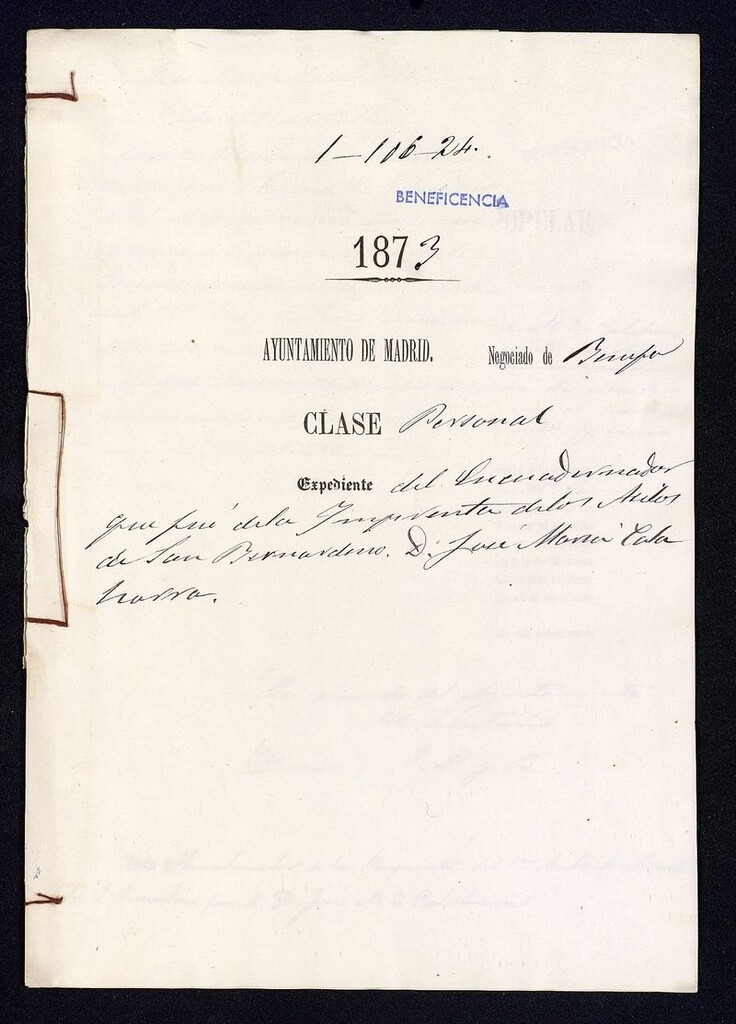 Miniatura de Expediente del encuadernador que fue de la imprenta de los asilos de San Bernardino, D. José María Calahorra