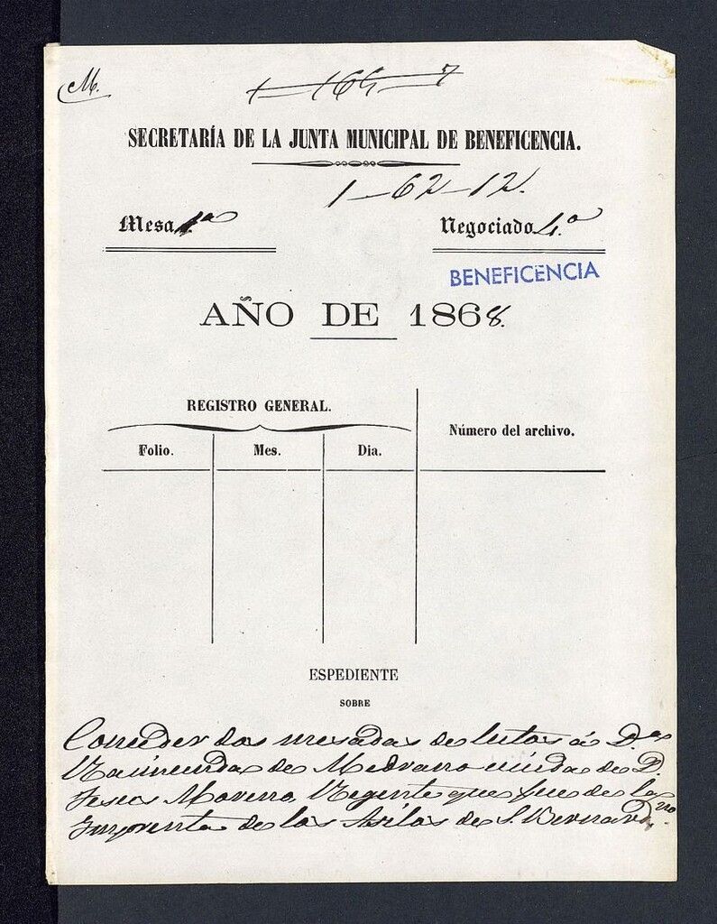 Miniatura de Expediente sobre conceder la mesada de luto a Dª Raimunda de Medrano, viuda de D. Jesus Moreno, regente que fue de la Imprenta de los Asilos de S. Bernardino