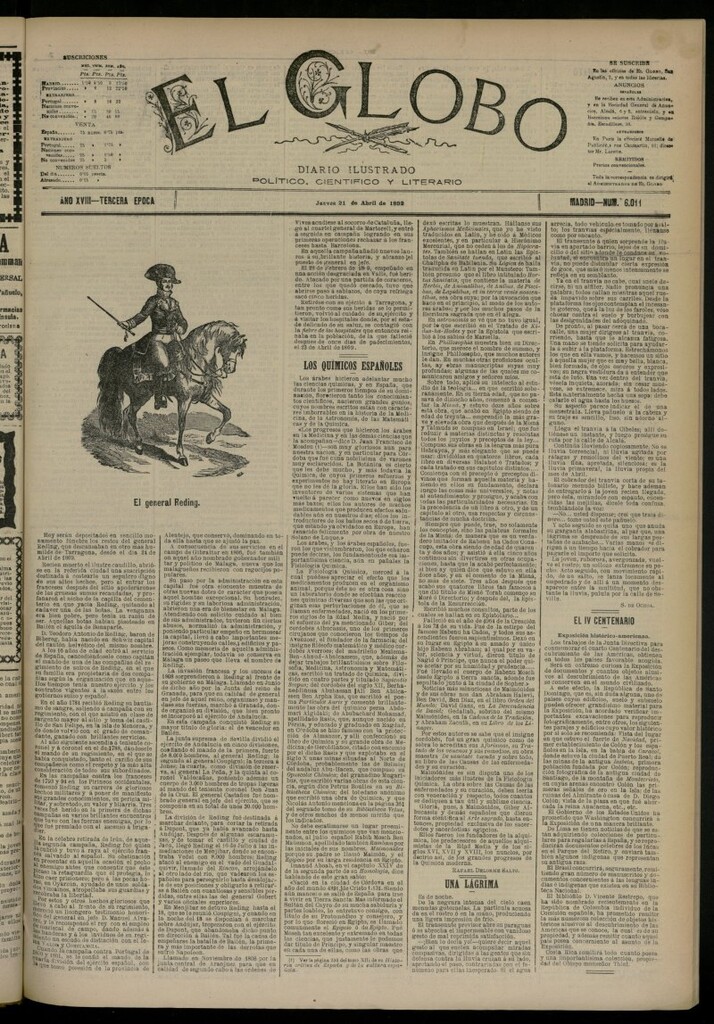 Miniatura de El Globo : diario ilustrado del 21 de abril de 1892, nº 6011