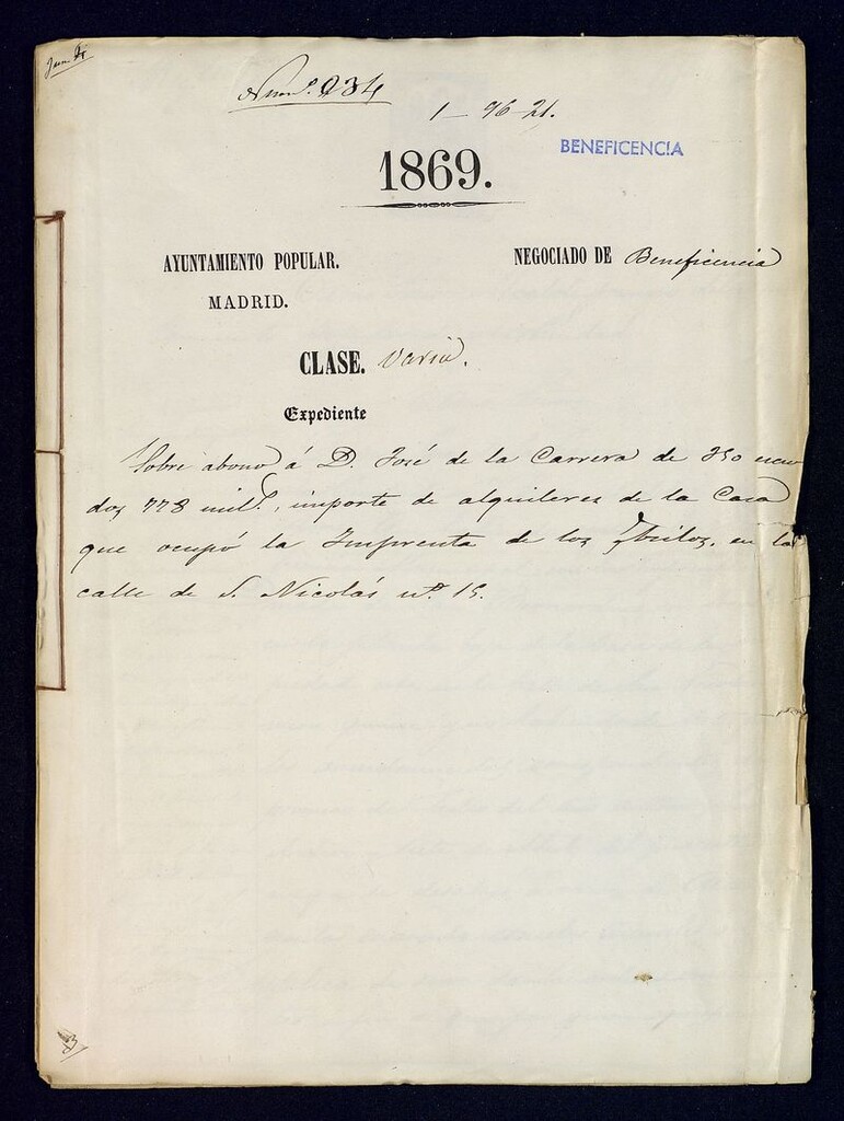 Miniatura de Expediente sobre abono a D. José de la Carrera de 350 escudos 778 mill. Importe de alquileres de la casa que ocupó la Imprenta de los Asilos en la calle de Nicolás n. 15