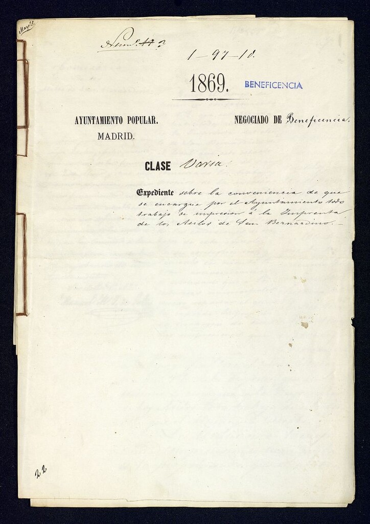 Miniatura de Expediente sobre la conveniencia de que se encargue por el Ayuntamiento todo trabajo de impresión a la Imprenta de los Asilos de San Bernardino