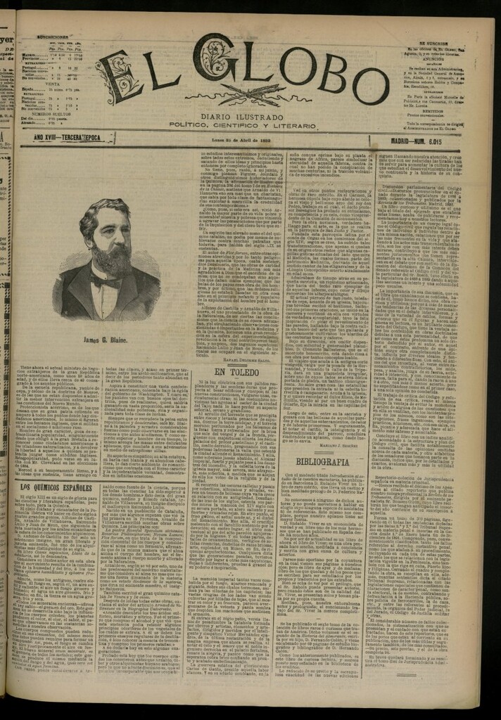 Miniatura de El Globo : diario ilustrado del 25 de abril de 1892, nº 6015