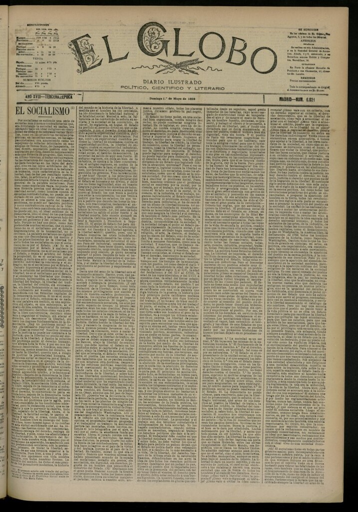 Miniatura de El Globo : diario ilustrado del 1 de mayo de 1892, nº 6021