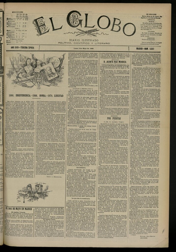 Miniatura de El Globo : diario ilustrado del 2 de mayo de 1892, nº 6022
