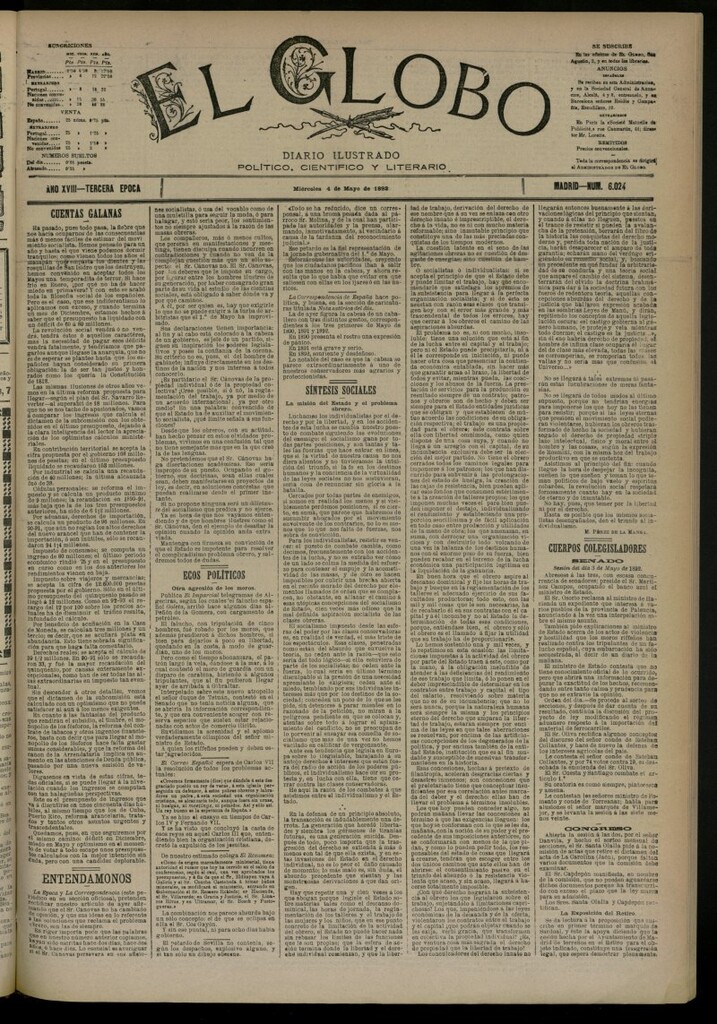 Miniatura de El Globo : diario ilustrado del 4 de mayo de 1892, nº 6024